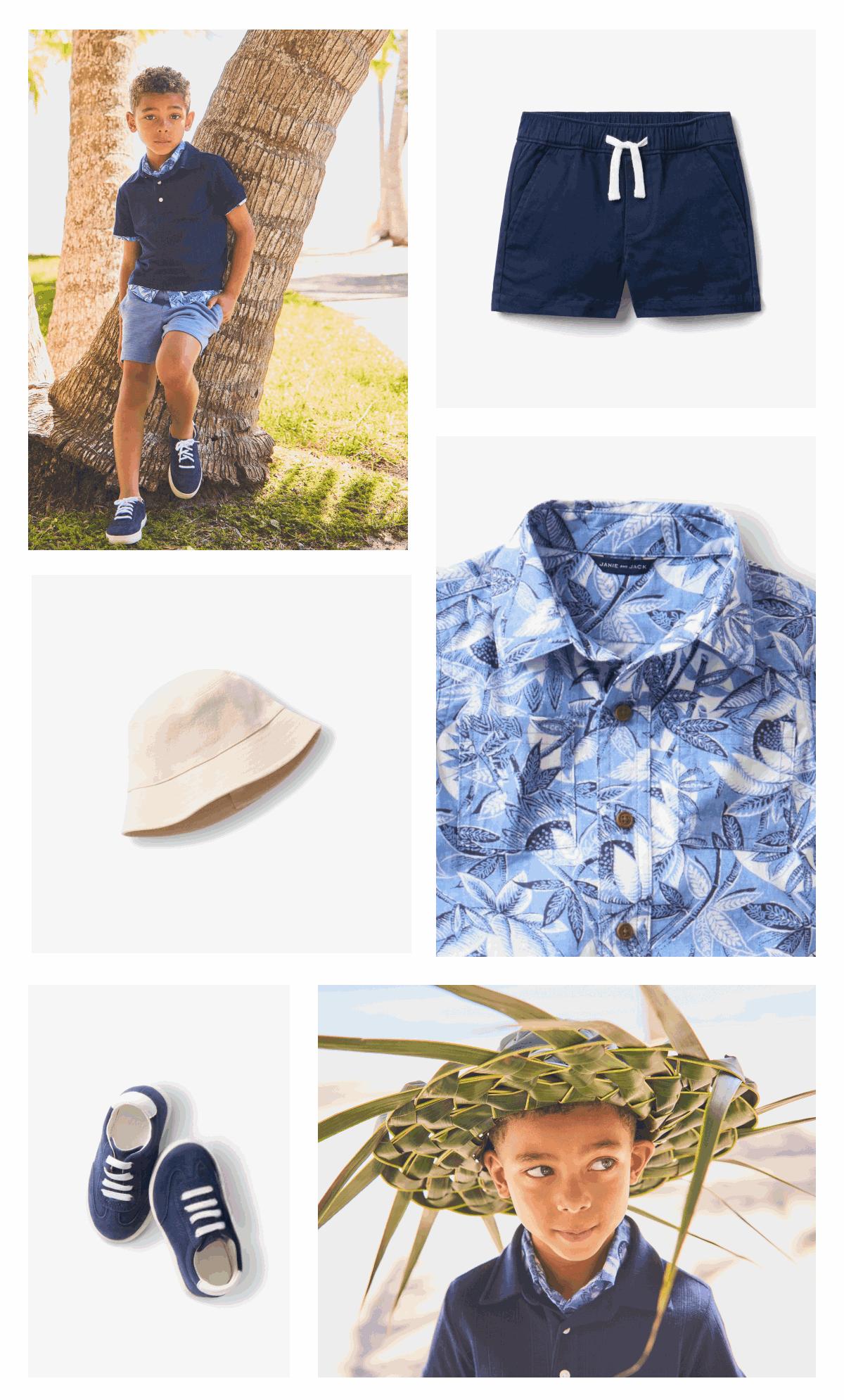 Boys summer clothing collection featuring navy polo shirt, blue patterned shorts, white bucket hat, tropical print shirt, and navy sneakers