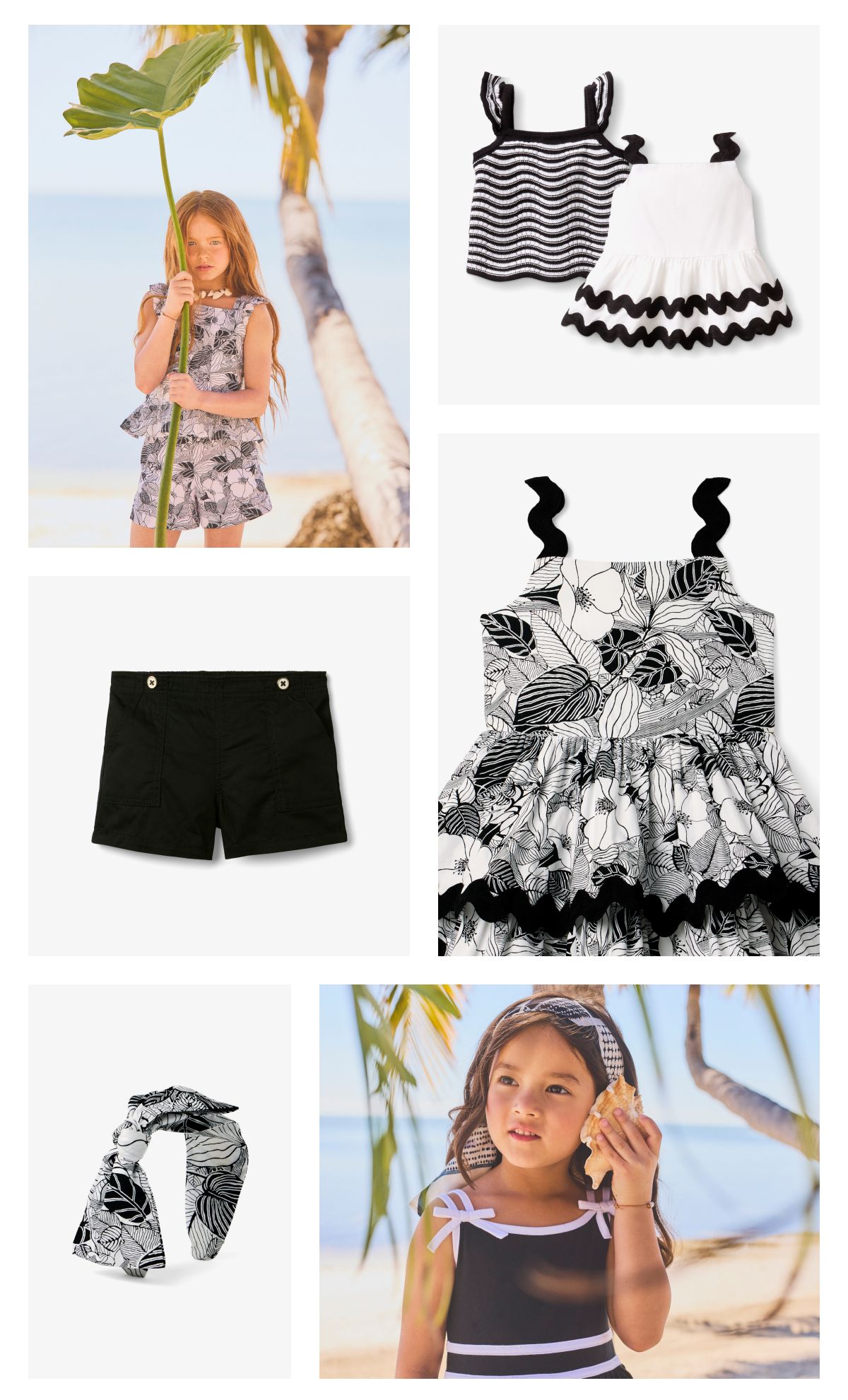 Young girl at the beach and white and black dresses and accessories