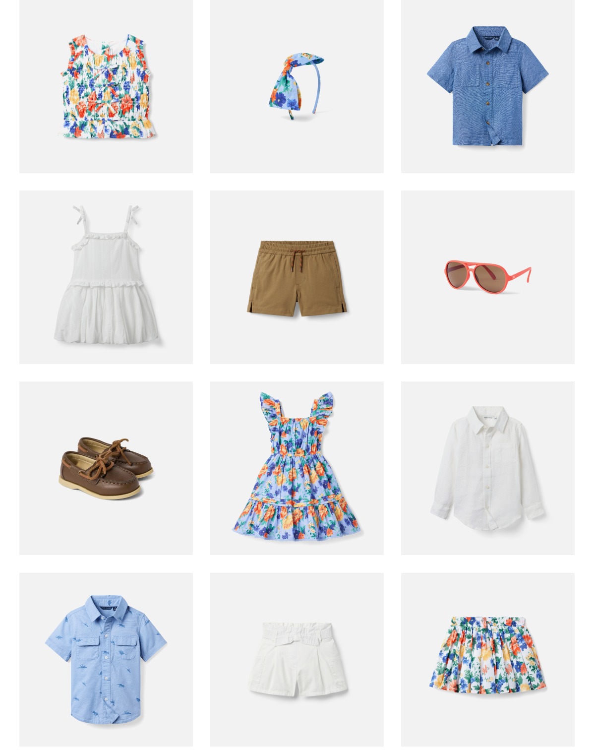 Children's summer clothing collection including floral tops, headband, blue button-up shirts, white tiered dress, khaki shorts, coral sunglasses, brown boat shoes, floral dress, white button-up shirt, chambray shirt, white shorts, and floral skirt
