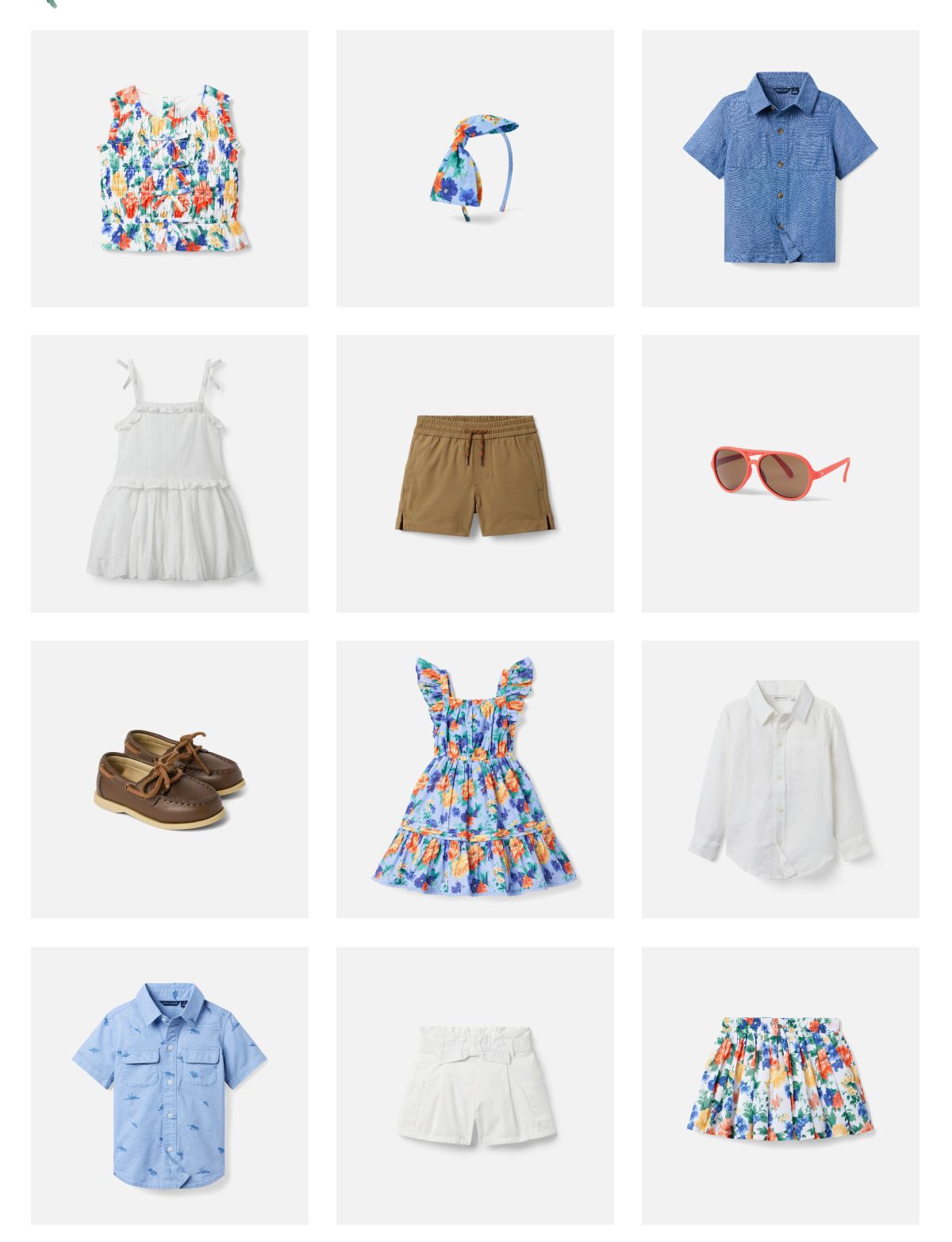 Children's summer clothing collection including floral tops, dresses, shorts, shirts, sunglasses, and boat shoes