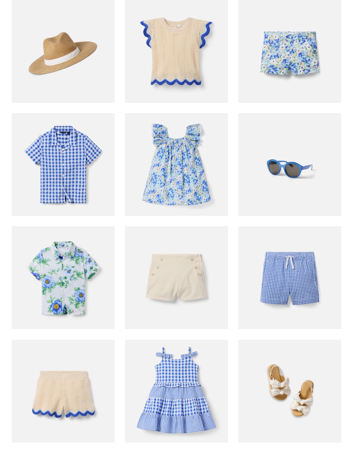 Children's summer clothing collection including hat, tops, shorts, dresses, sunglasses and sandals in blue, white and beige colors