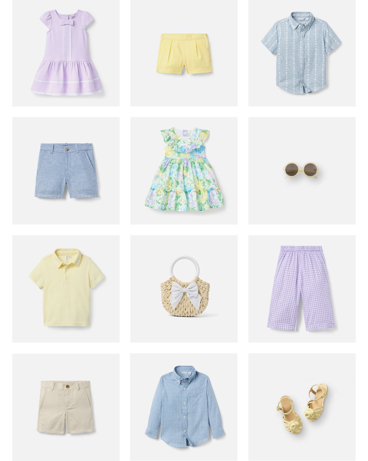 Children's spring clothing collection including dresses, shorts, shirts, pants, sunglasses, handbag and sandals in pastel colors