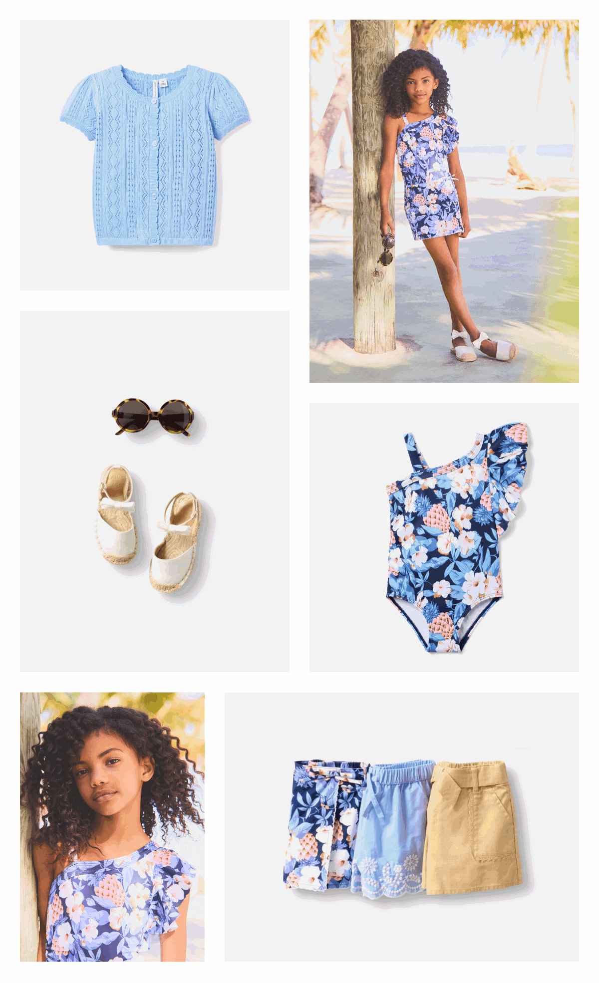 Girls summer clothing collection featuring floral top, baby blue top, tropical print shirt, and white sandals