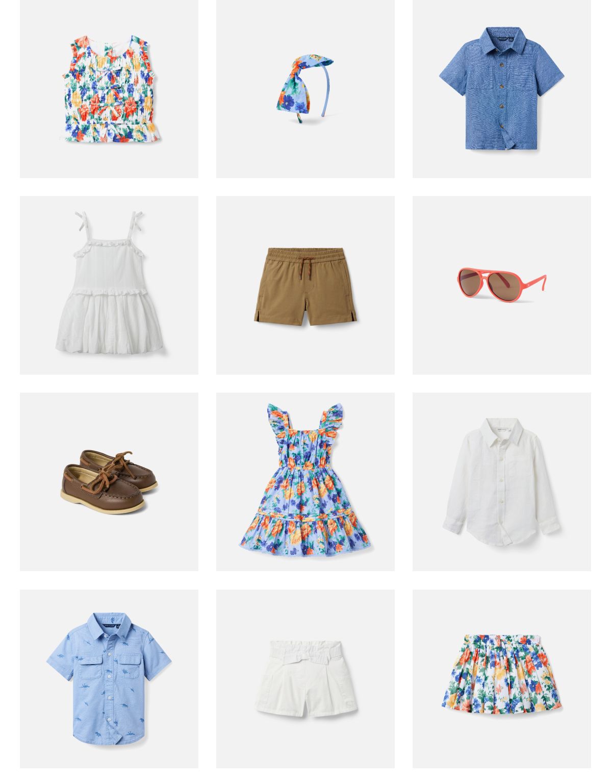 Children's summer clothing collection including floral tank tops, sun hat, button-up shirts, white dress, khaki shorts, sunglasses, boat shoes, and patterned dresses