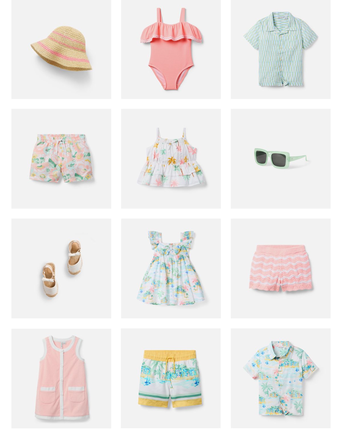 Children's summer clothing collection including striped sun hat, pink swimsuit, patterned shirt, floral shorts, tiered dress, sunglasses, sandals, ruffled dress, pink shorts, sleeveless vest, tropical swim shorts, and floral pajama set