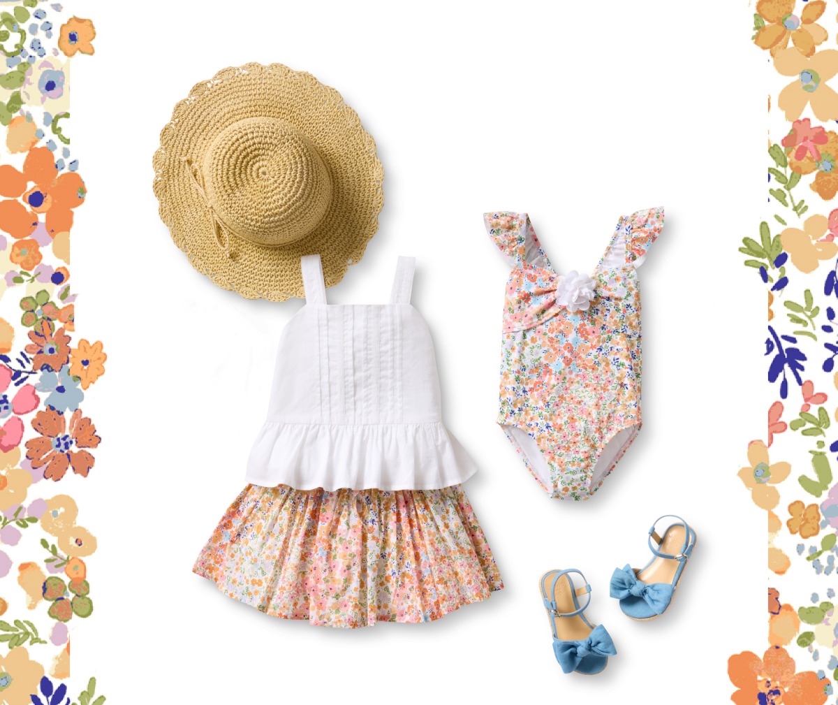 Children's summer clothing flat lay with straw hat, white top, floral shorts, floral swimsuit, and blue sandals