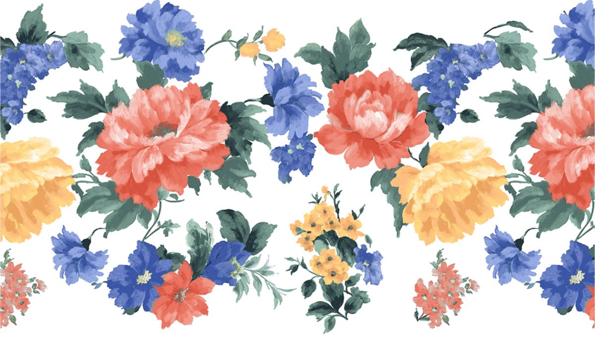 Watercolor floral pattern with blue, coral, and yellow flowers on white background
