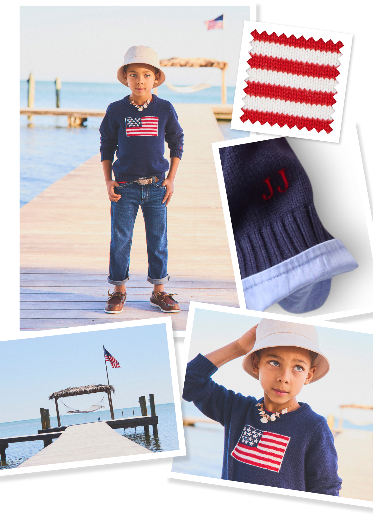 Young boy in patriotic outfit on waterfront dock