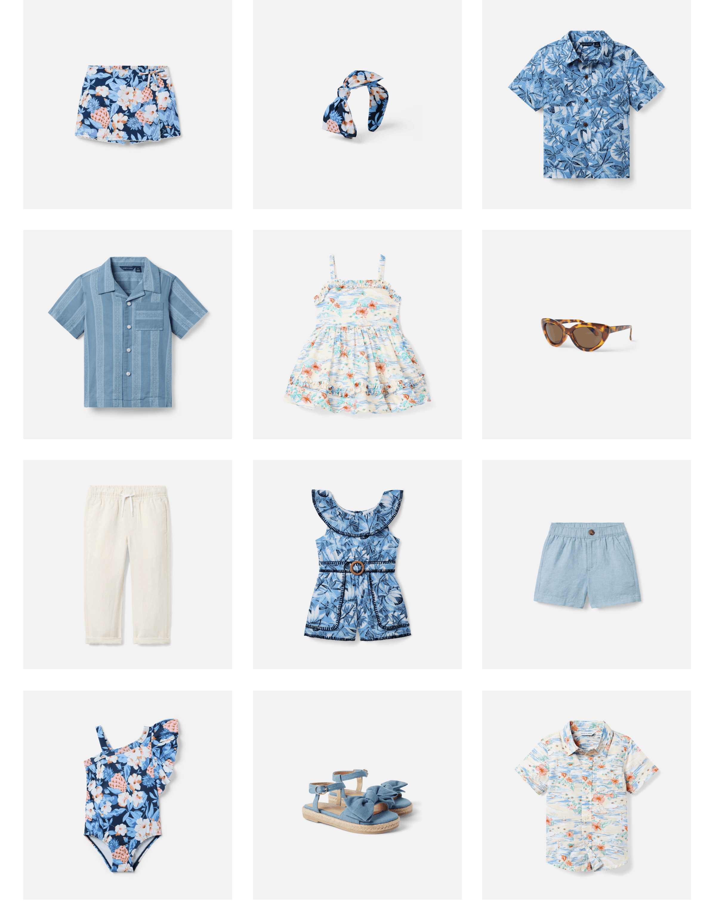 Grid of children's summer clothing items including floral shorts, headband, tropical print shirts, striped button-up, floral dress, sunglasses, cream pants, blue romper, light blue shorts, floral swimsuit, sandals, and patterned shirt