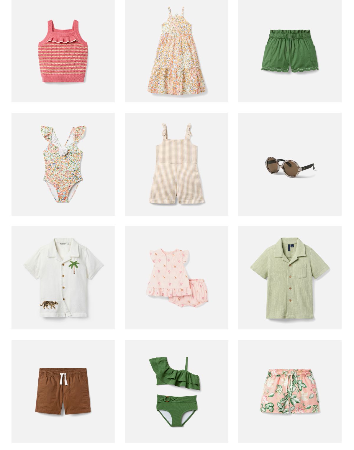 Children's summer clothing collection including striped tank top, floral dress, green shorts, patterned swimsuit, gingham romper, sunglasses, tropical print shirt, pink pajama set, linen shirt, brown shorts, green bikini, and floral swim trunks