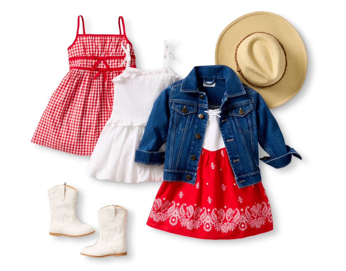 Children's western-style clothing including red gingham dress, white dress, denim jacket, red bandana print dress, cowboy hat, and white boots