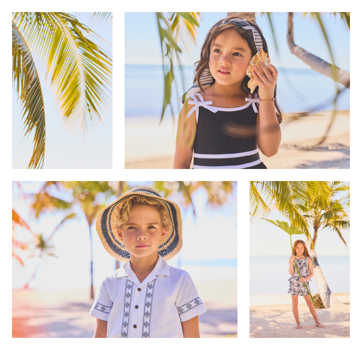 Four tropical beach scenes with palm trees and children in summer clothing