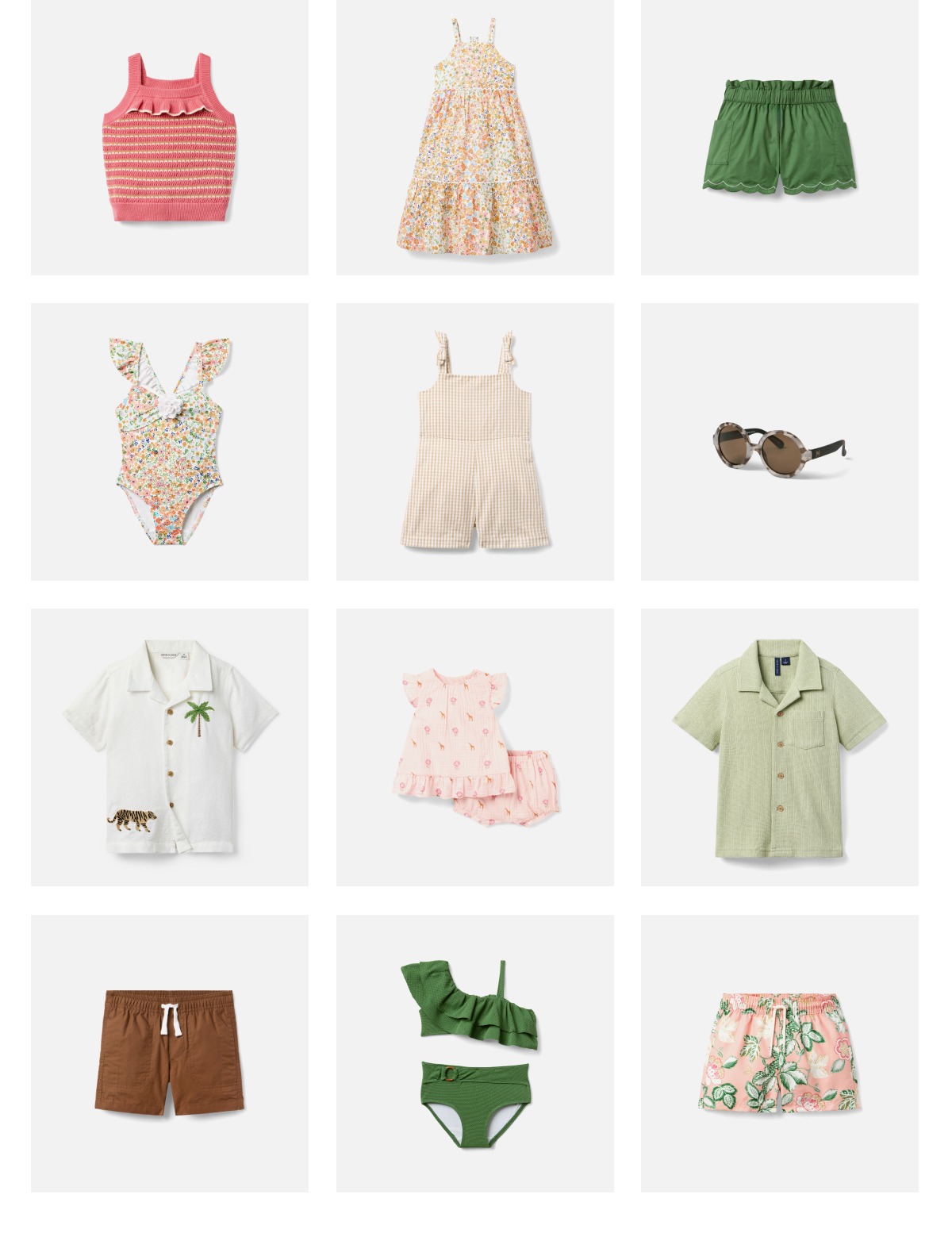 Children's summer clothing collection featuring pink smocked tank top, floral tiered dress, green scalloped shorts, floral one-piece swimsuit, gingham romper, round sunglasses, white embroidered camp shirt, pink floral baby set, sage green button-up shirt, brown shorts, green ruffle bikini, pink floral skirt