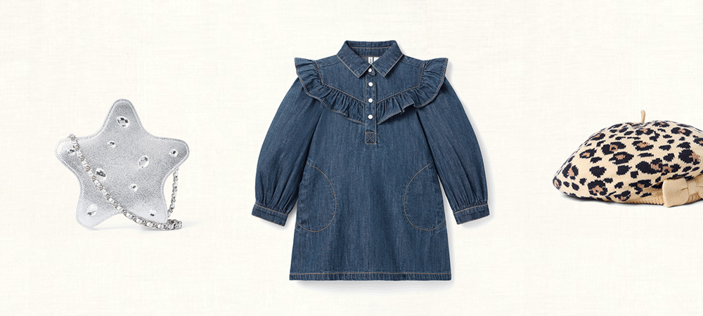 Denim ruffle dress with star-shaped silver crossbody bag and leopard print beret