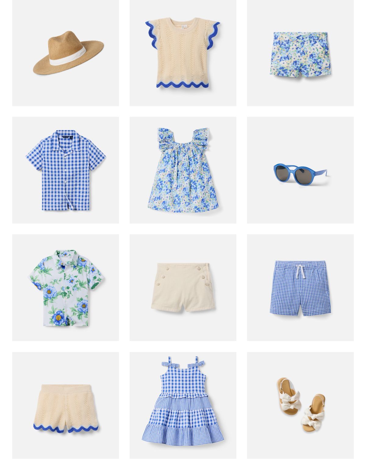 Children's summer clothing collection featuring blue and white gingham patterns, floral prints, and neutral tones including dresses, shorts, shirts, hat, sunglasses and sandals