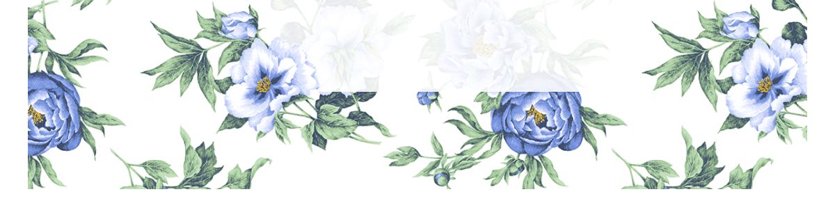 Watercolor floral pattern with blue peonies and green leaves on white background