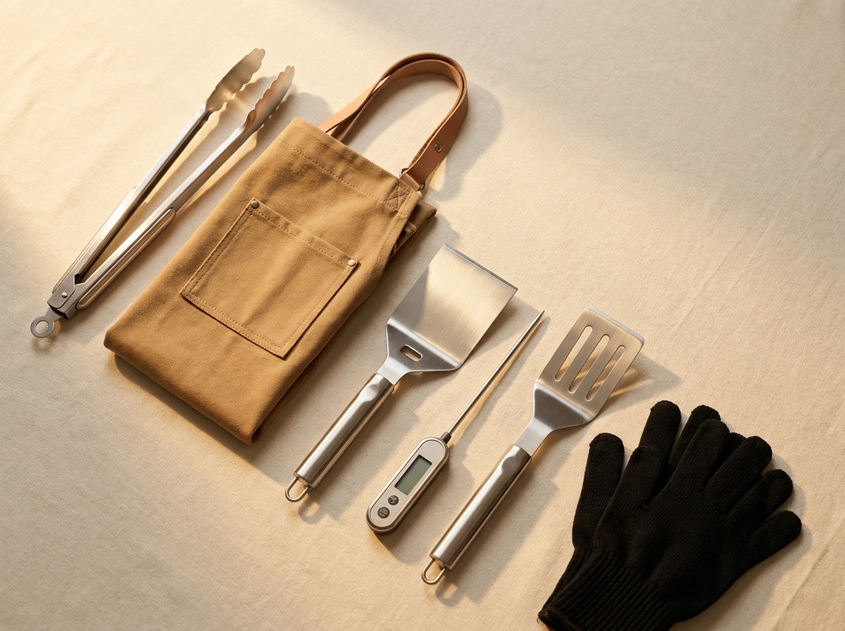 The Father's Day BBQ pack: stainless tongs, a tan canvas apron, a grill scraper, a meat thermometer, a stainless spatula, and a pair of black grill gloves laid out on cream linen