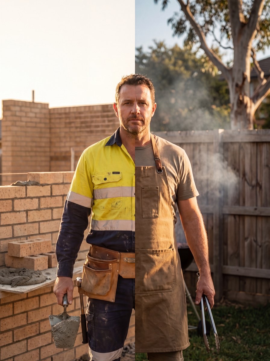An Australian builder in hi-vis and a tool belt on one side, the same man in a tan BBQ apron holding tongs on the other