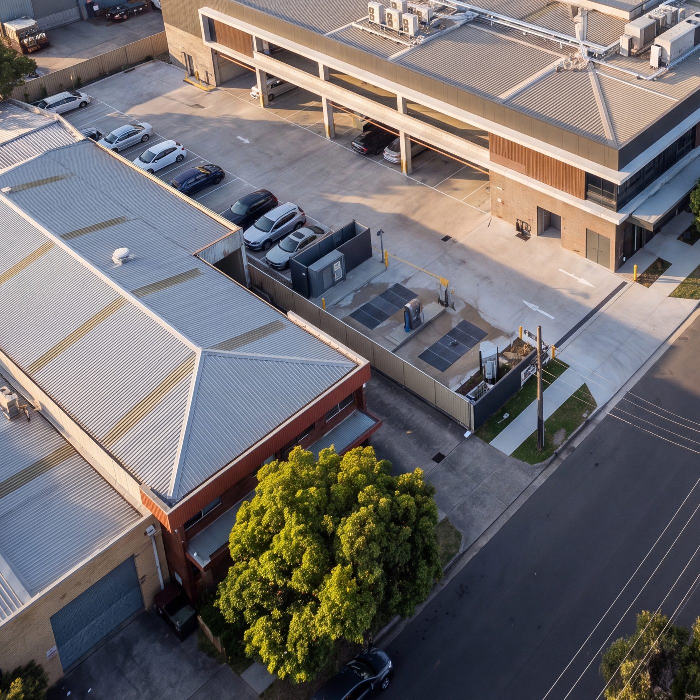 The driveway entry corner of the completed development from above