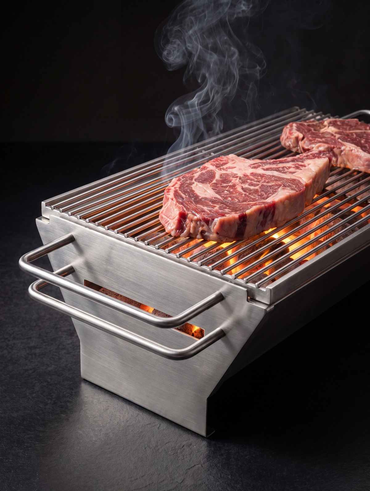 A clean stainless steel charcoal grill with two thick marbled ribeye steaks searing over glowing coals