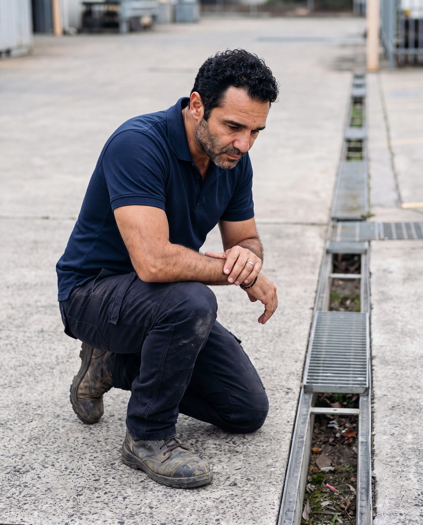 Sim on site, crouched beside the open channel, assessing the installation