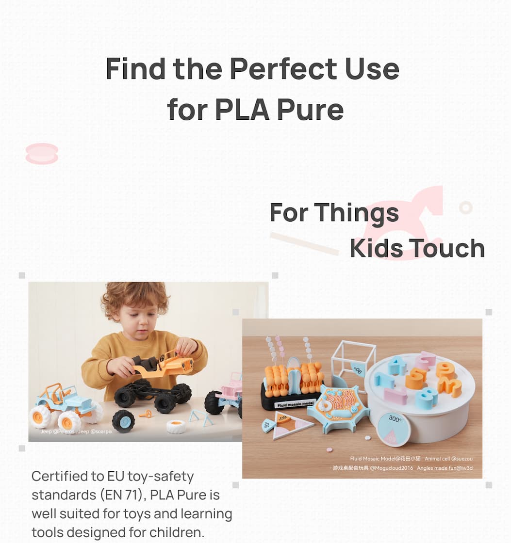 Bambu PLA Pure: Certified to EU toy-safety standards (EN 71). Perfect for kids' toys and learning tools. Click to explore safe filaments.