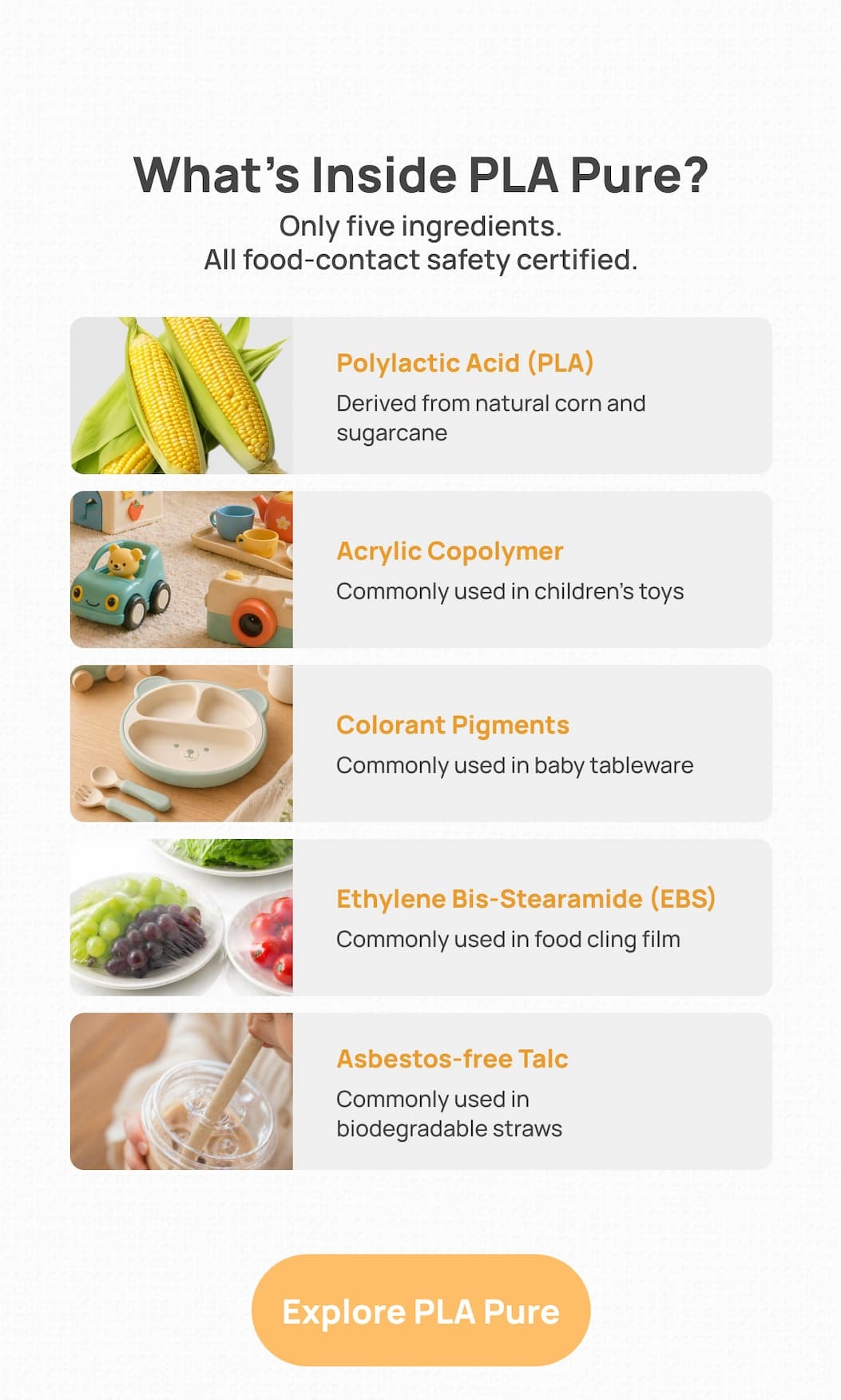 What's inside PLA Pure? 5 food-contact safe certified ingredients including corn-derived PLA. Click to learn more and shop the collection.