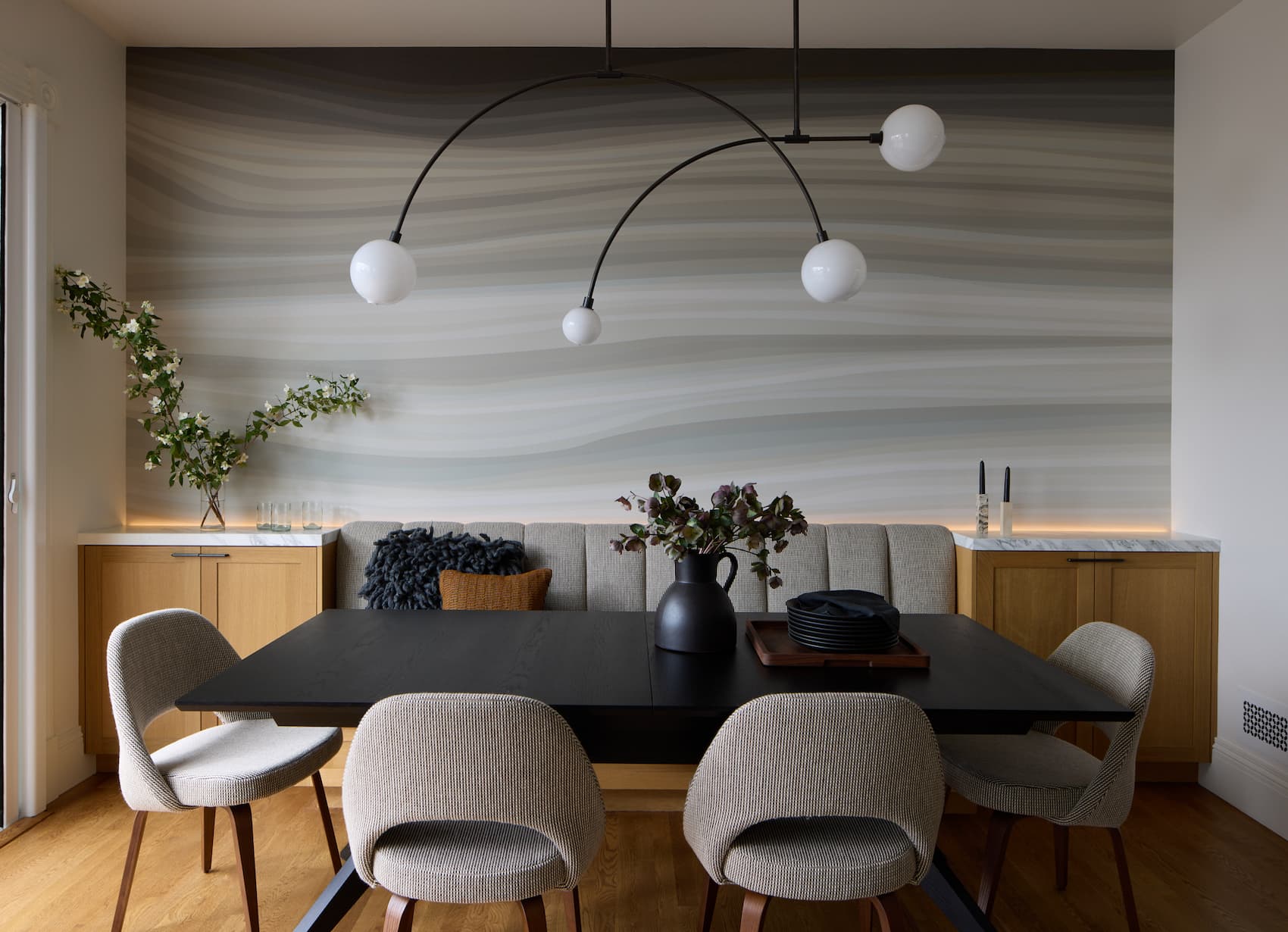 RIVER Shell wall mural in a layered San Francisco dining room