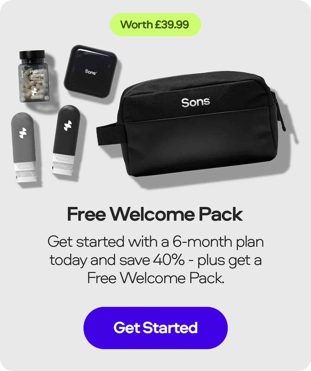 an image of a black bag with a white text that says, free welcome pack