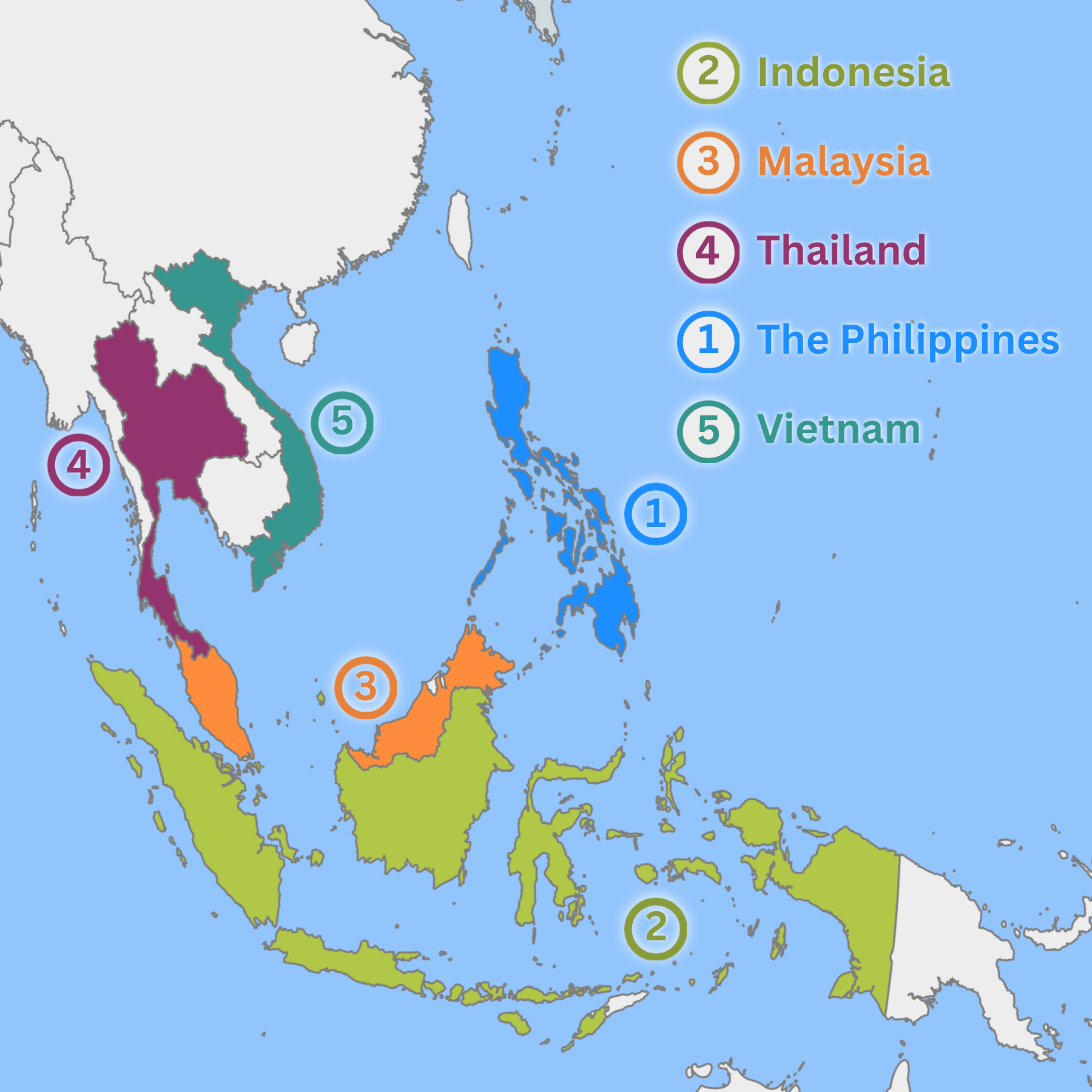 Southeast Asia map with 5 mystery countries