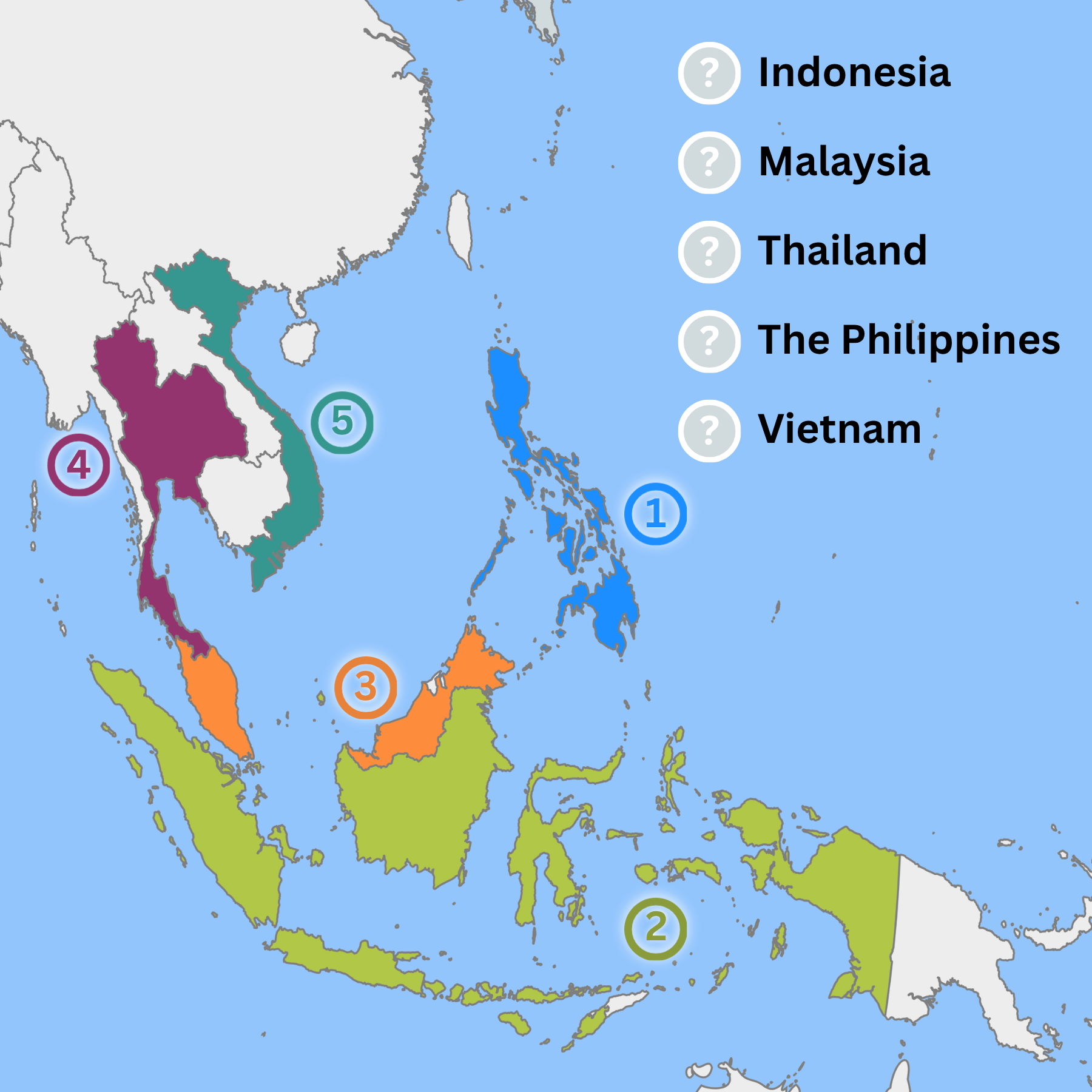Southeast Asia map with 5 mystery countries Southeast Asia map with 5 mystery countries