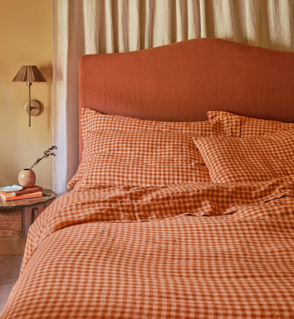 Cinnamon & Peach Colour Drenched Gingham Linen Blend Duvet Cover