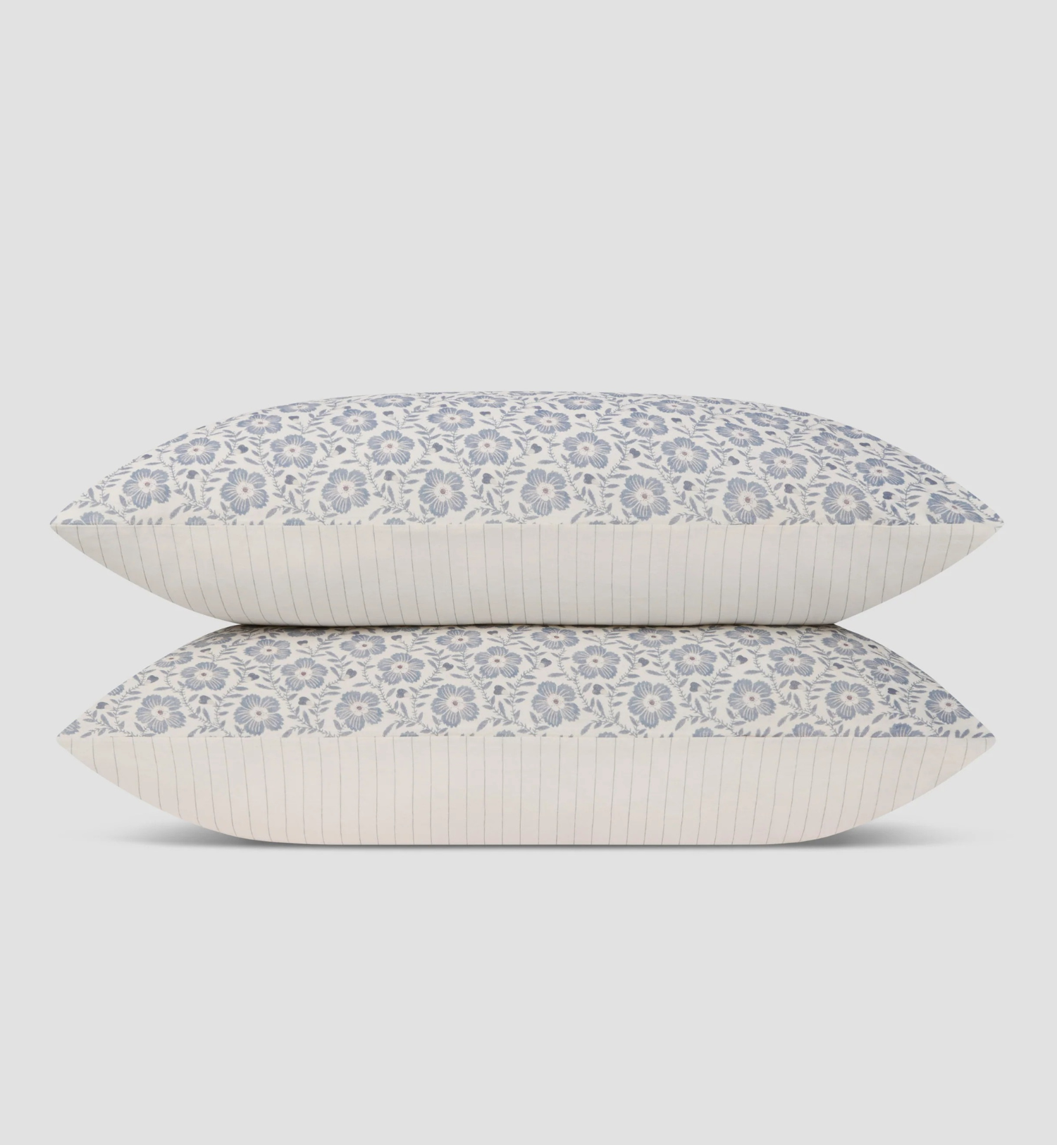 Dusk Blue Folk Floral Linen Blend Pillowcases (Pair)