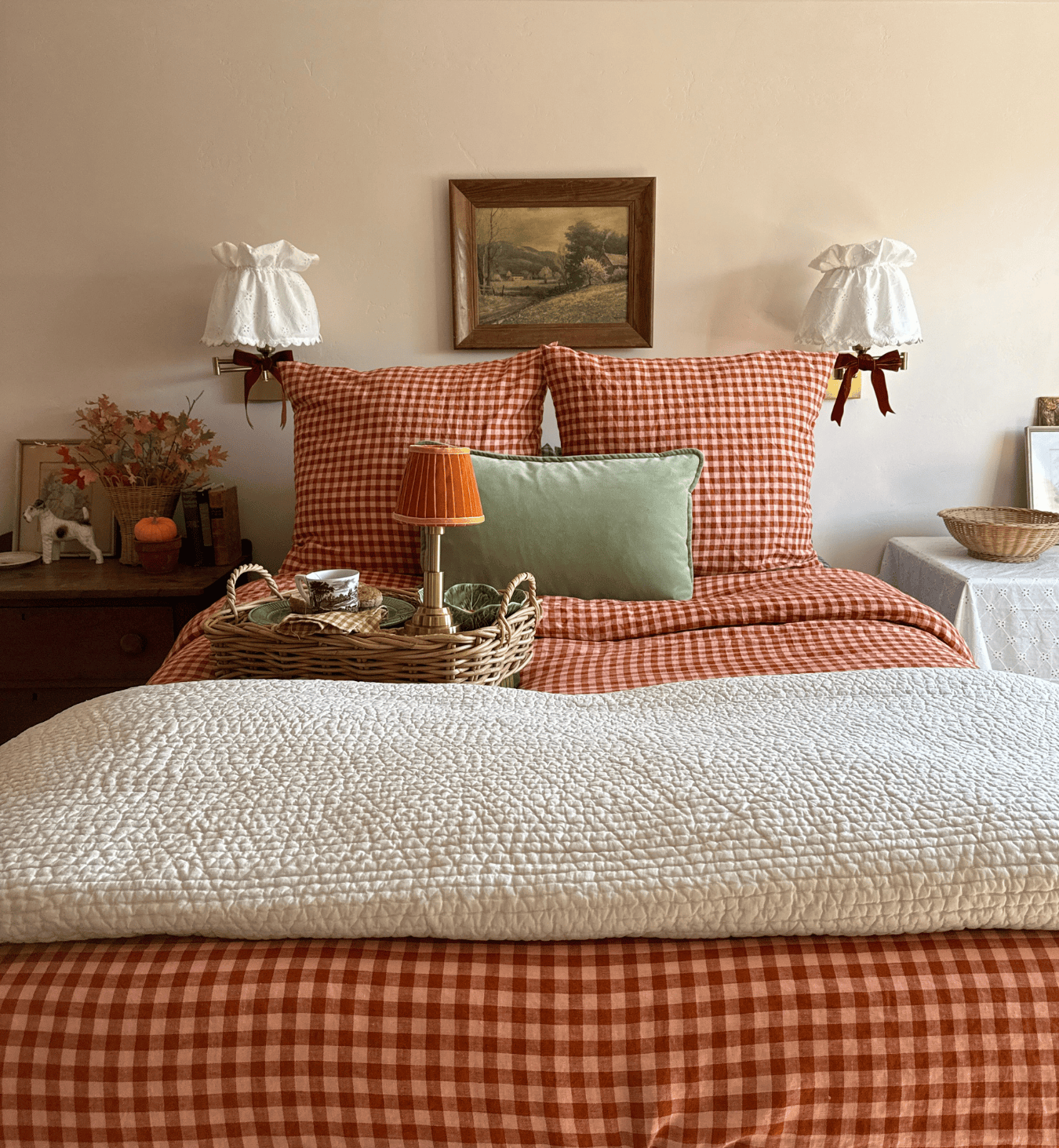 Cinnamon & Peach Colour Drenched Gingham Linen Blend Duvet Cover