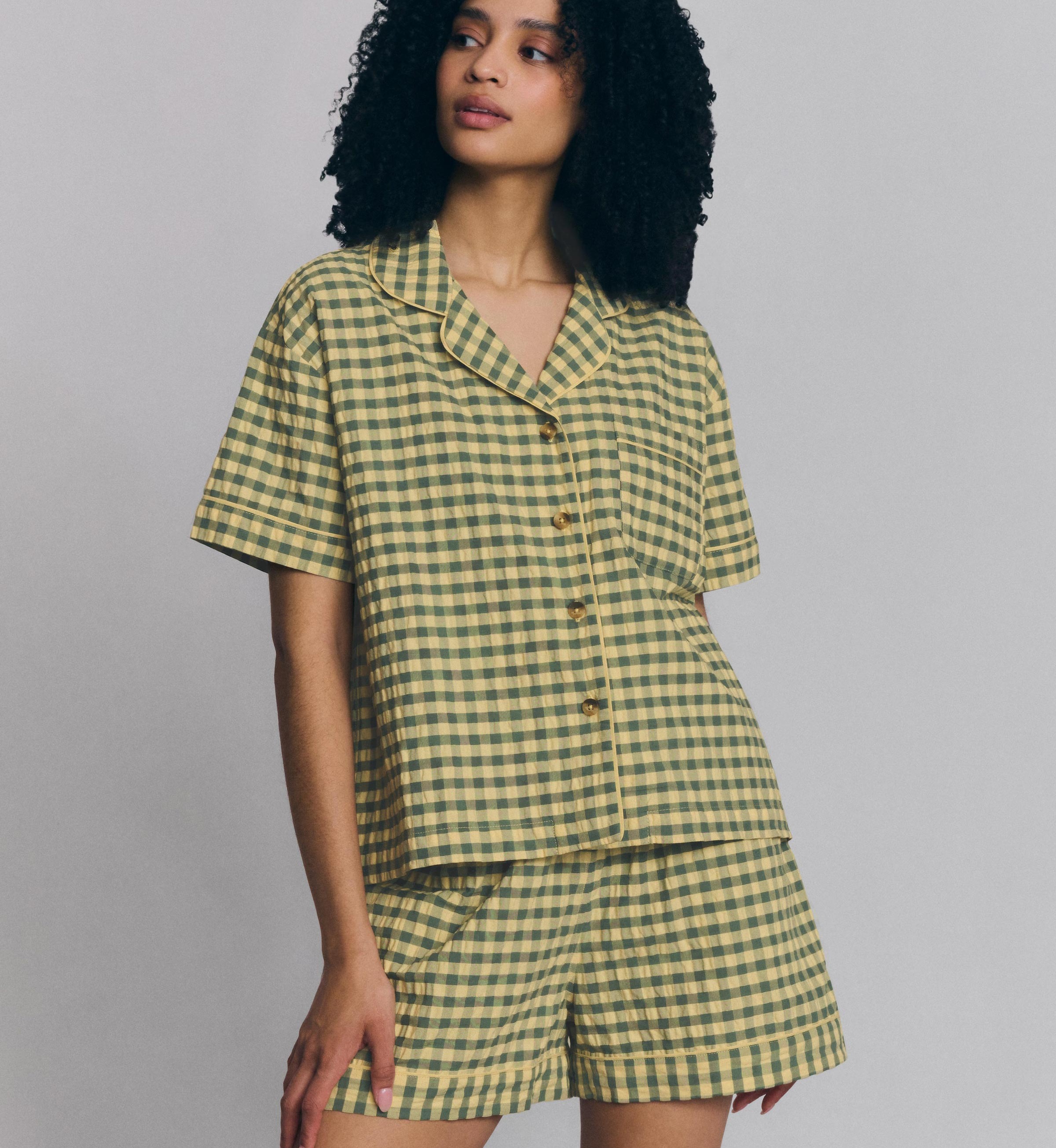 Elm Green & Butter Yellow Gingham Cotton Shorts Set