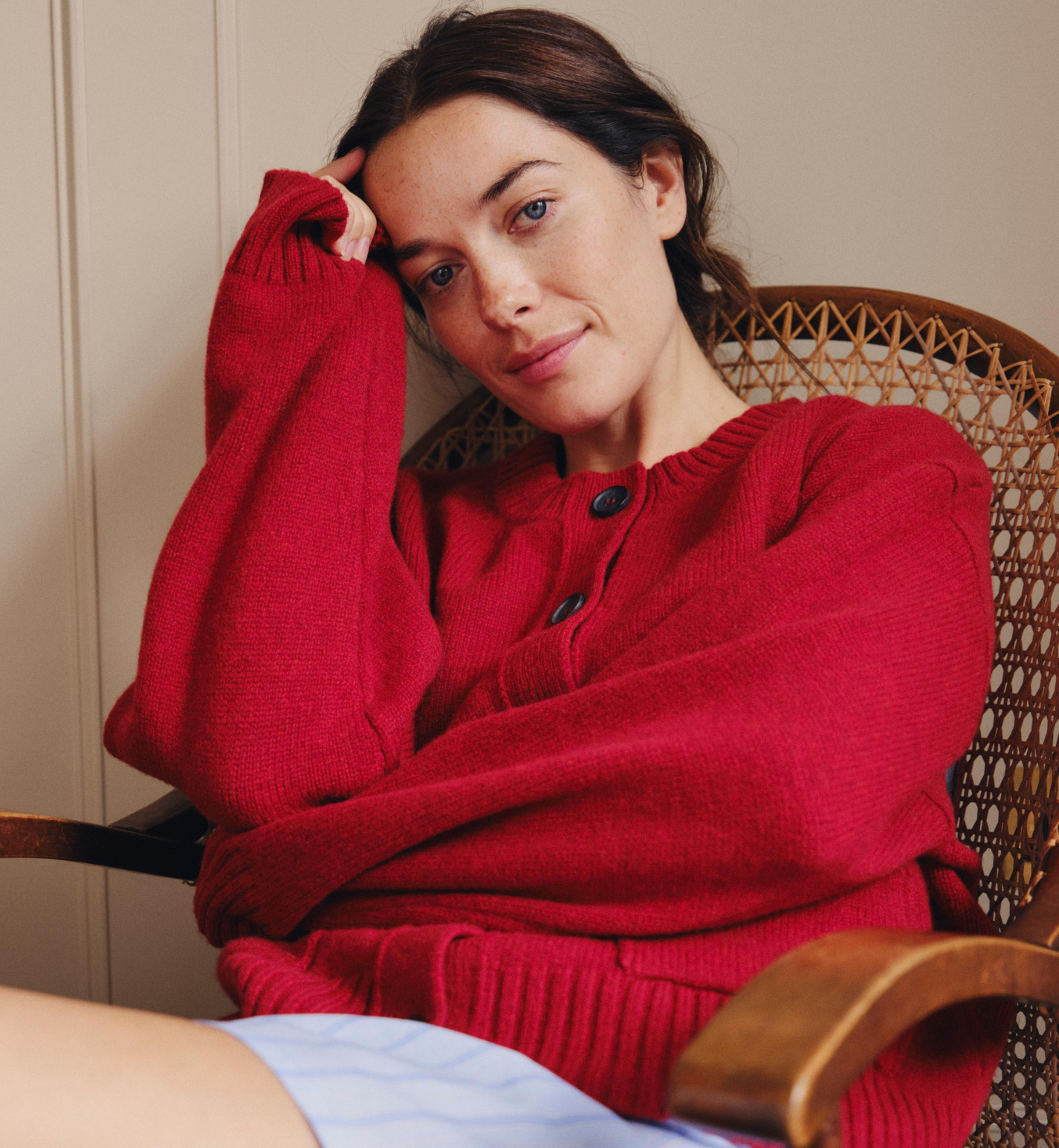 Red Crew Neck Wool Cardigan
