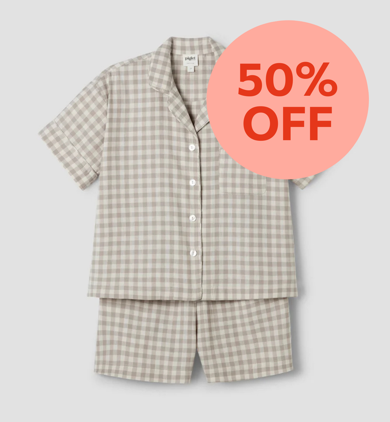 Mushroom Gingham Linen Blend Pyjama Short Set