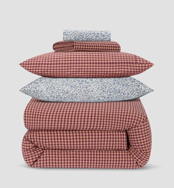 Fig & Blush Pink Gingham Washed Cotton Percale Duvet Cover