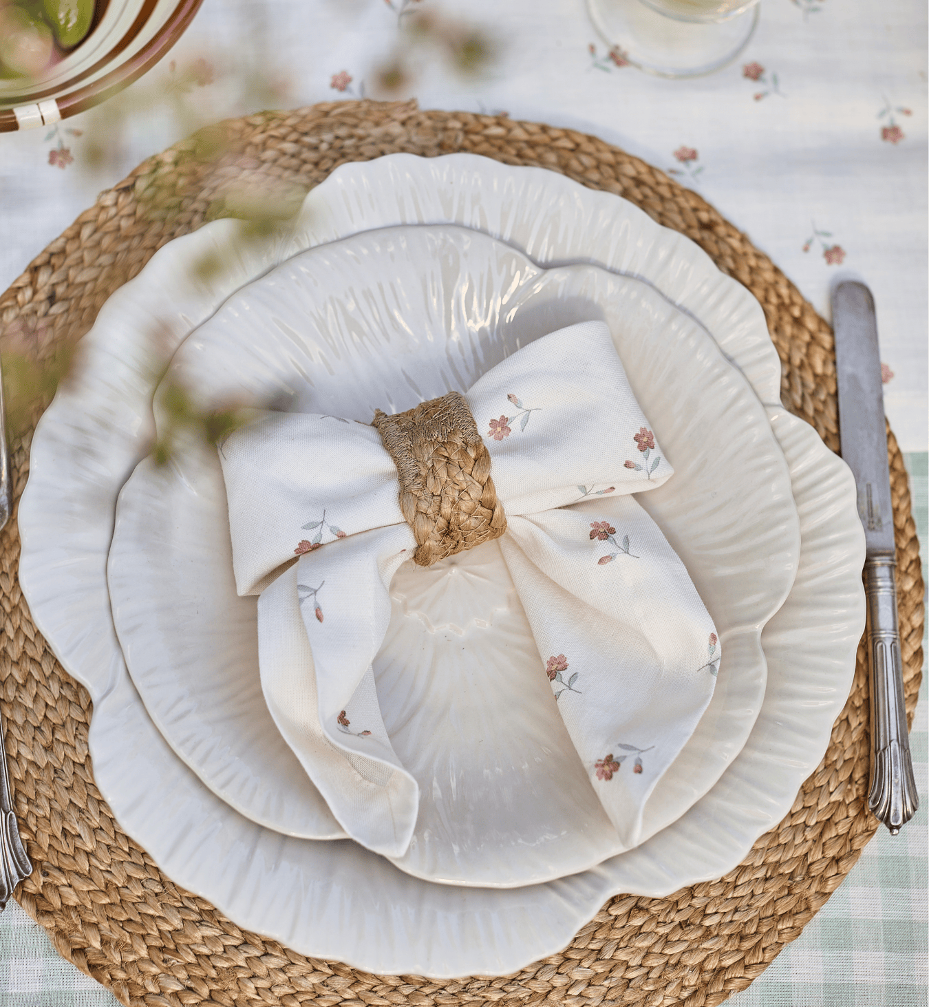 Posy Bud napkins with a trug of fresh vegetables.