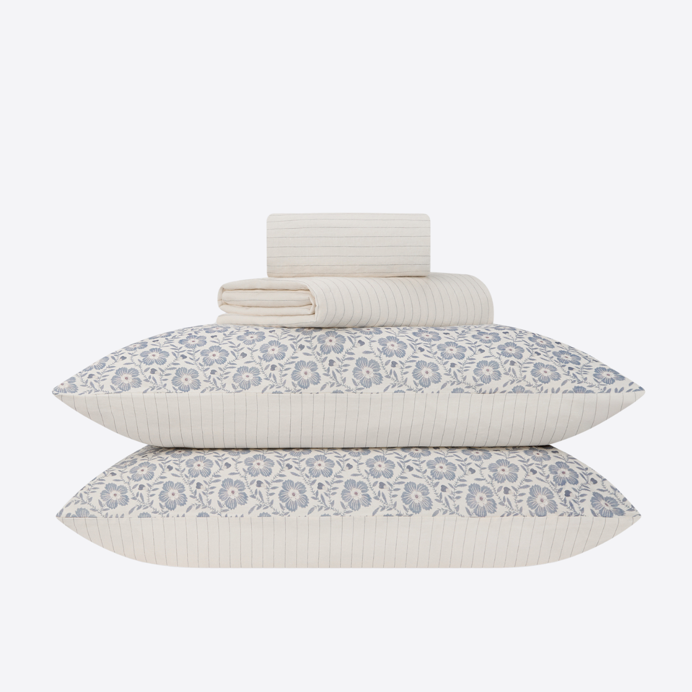 Dusk Blue Folk Floral Linen Blend Pillowcases (Pair)