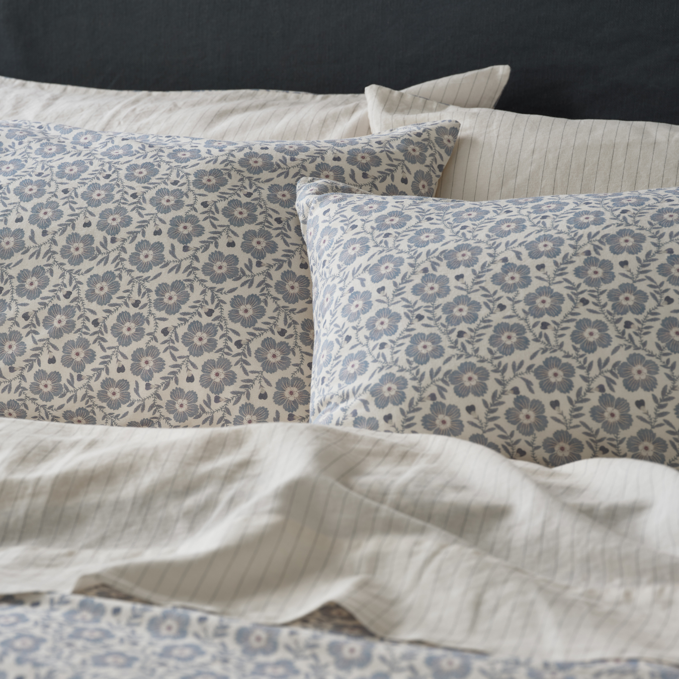 Dusk Blue Folk Floral Linen Blend Pillowcases (Pair)
