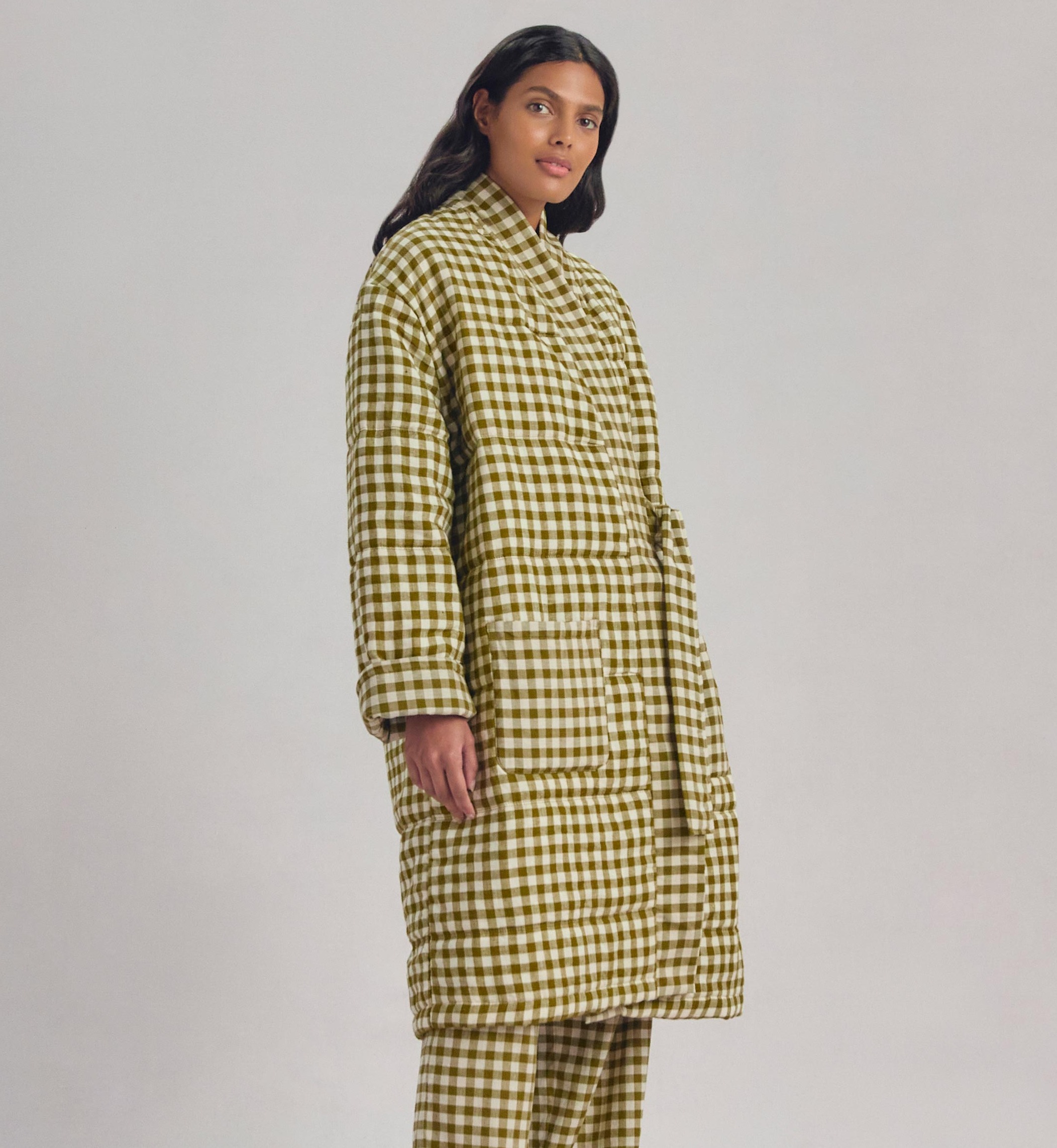 Botanical Green Gingham Linen Blend Housecoat