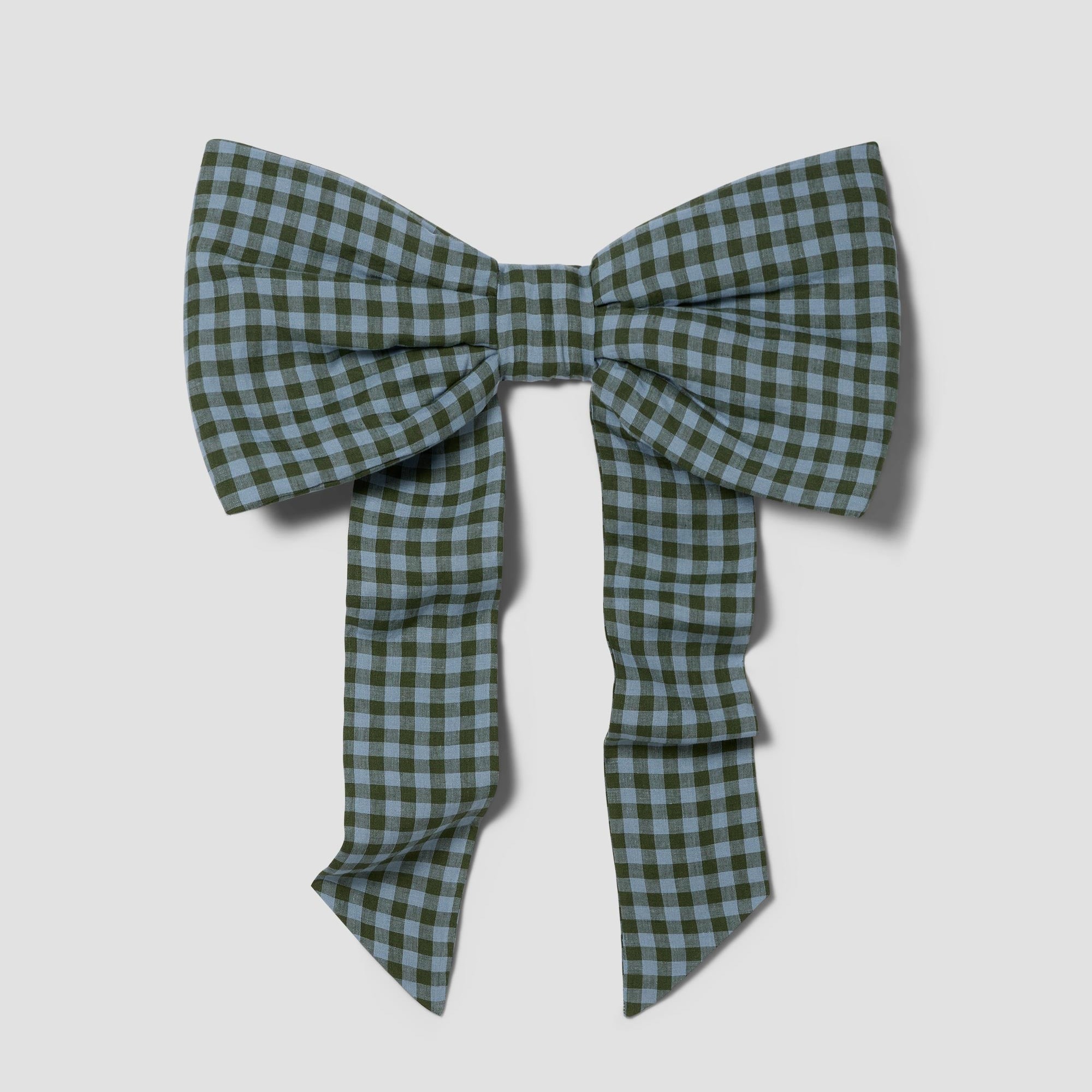 Fern Green & Dusk Blue Colour Drenched Gingham Linen Blend Bow
