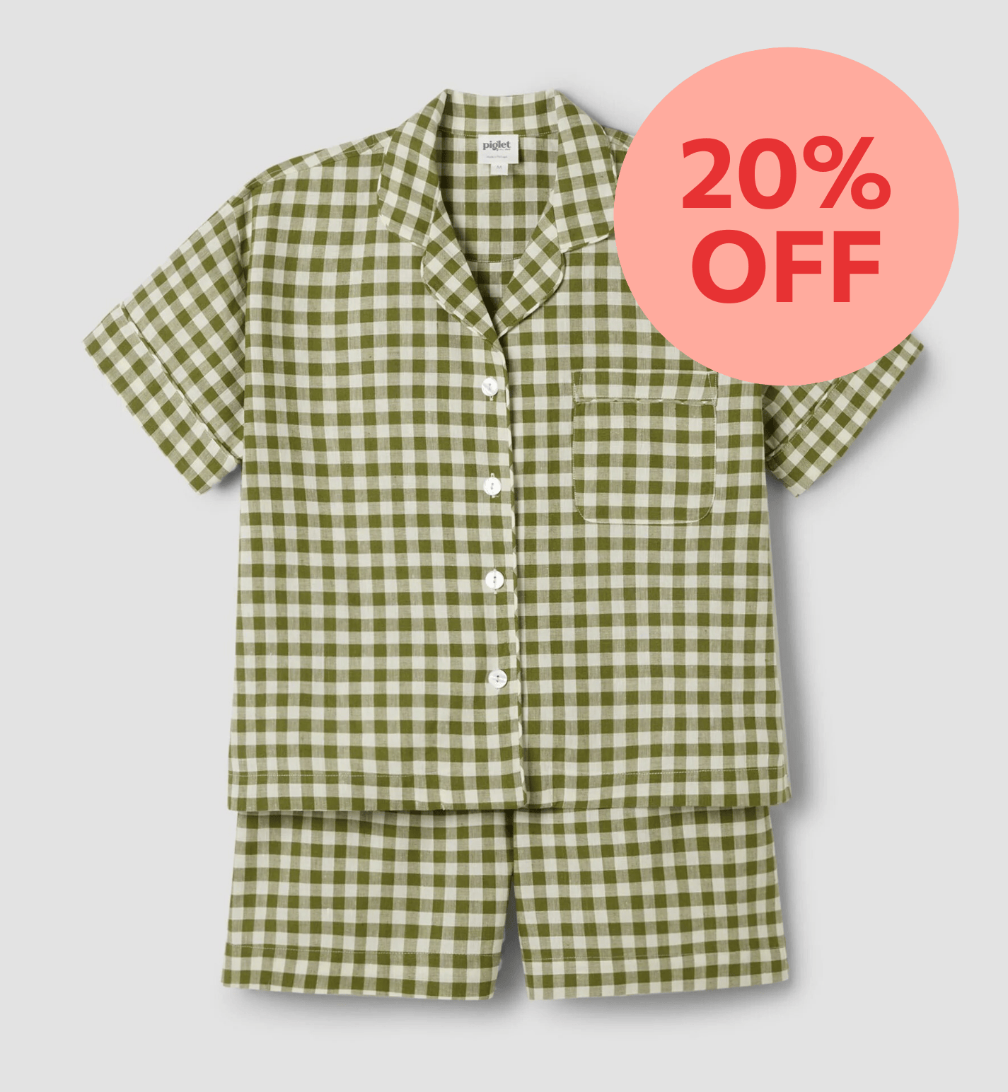 Botanical Green Gingham Linen Blend Pyjama Short Set