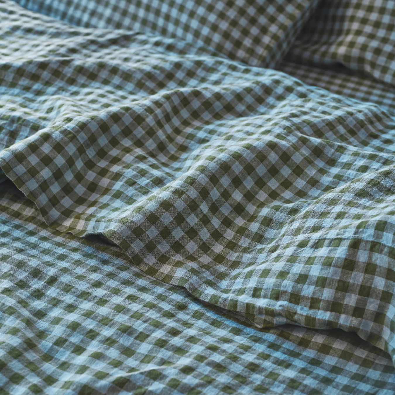 Fern Green & Dusk Blue Colour Drenched Gingham Linen Blend Duvet Cover