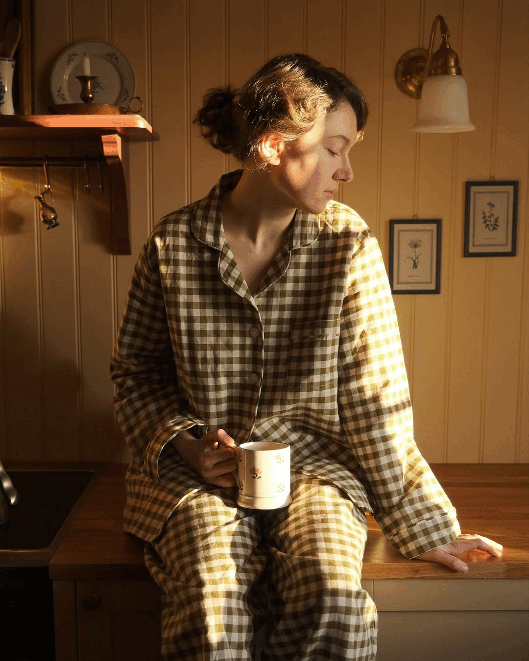 Botanical Green Gingham Linen Blend Pyjama Trouser Set
