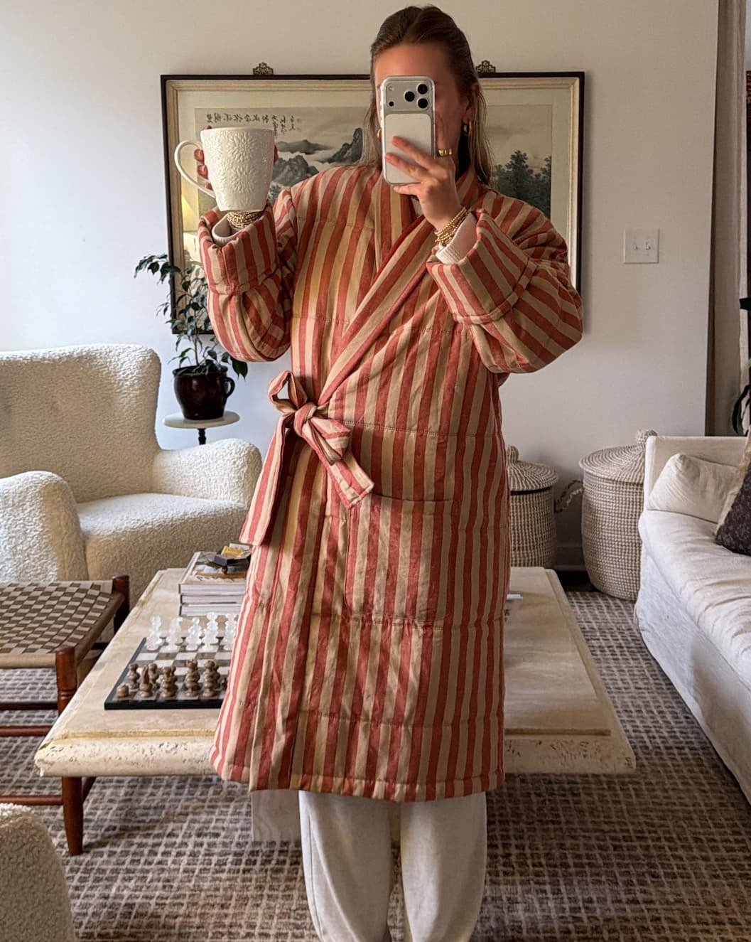 Sandstone Red Pembroke Stripe Linen Blend Housecoat