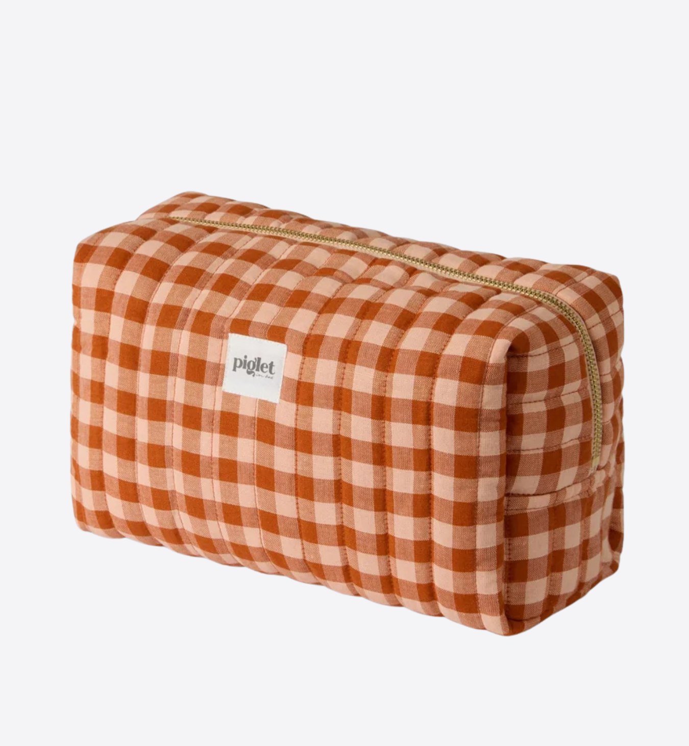 Cinnamon/Peach Colour Drenched Gingham Linen Blend Wash Bag