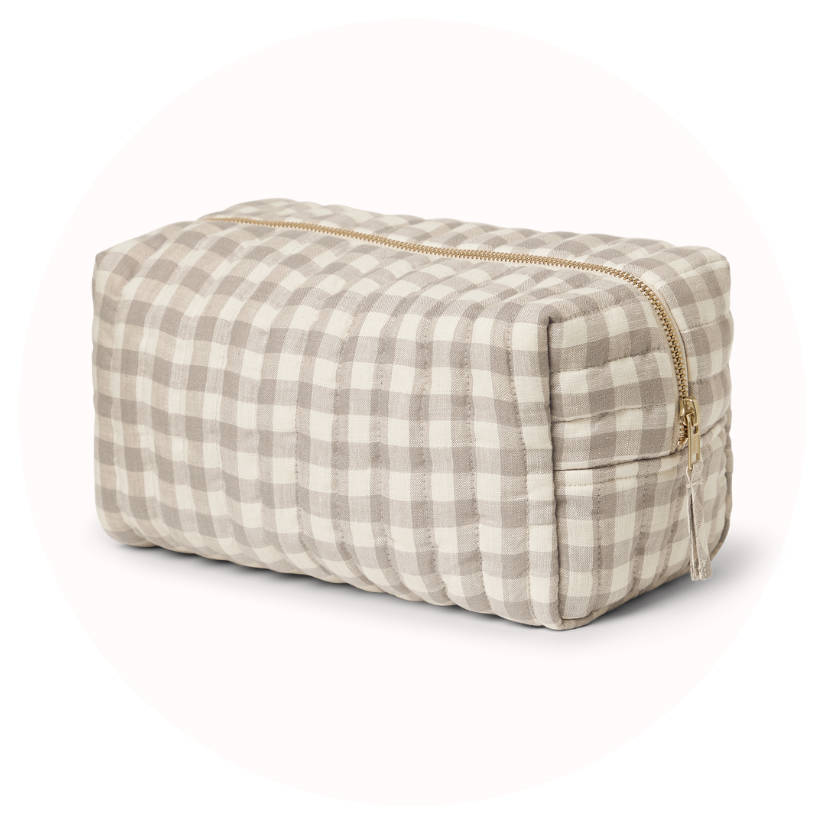 Mushroom Gingham 100% Linen Wash Bag