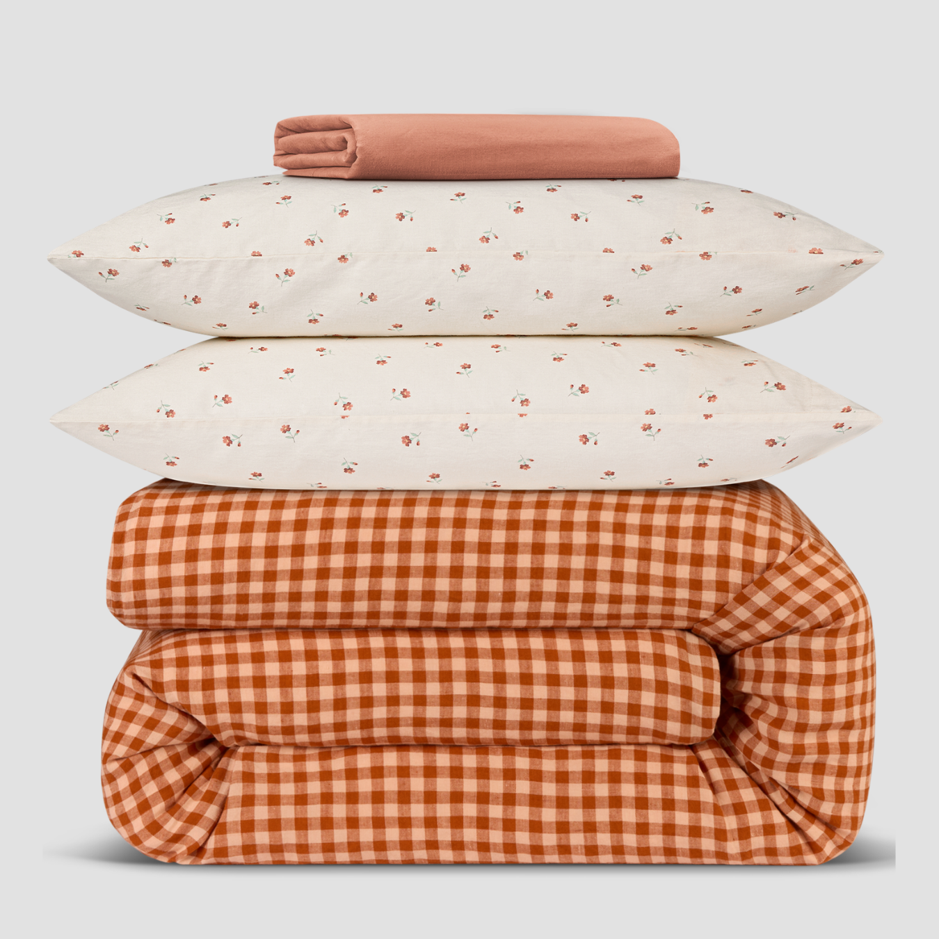 Cinnamon & Peach Colour Drenched Gingham Linen Blend Duvet Cover